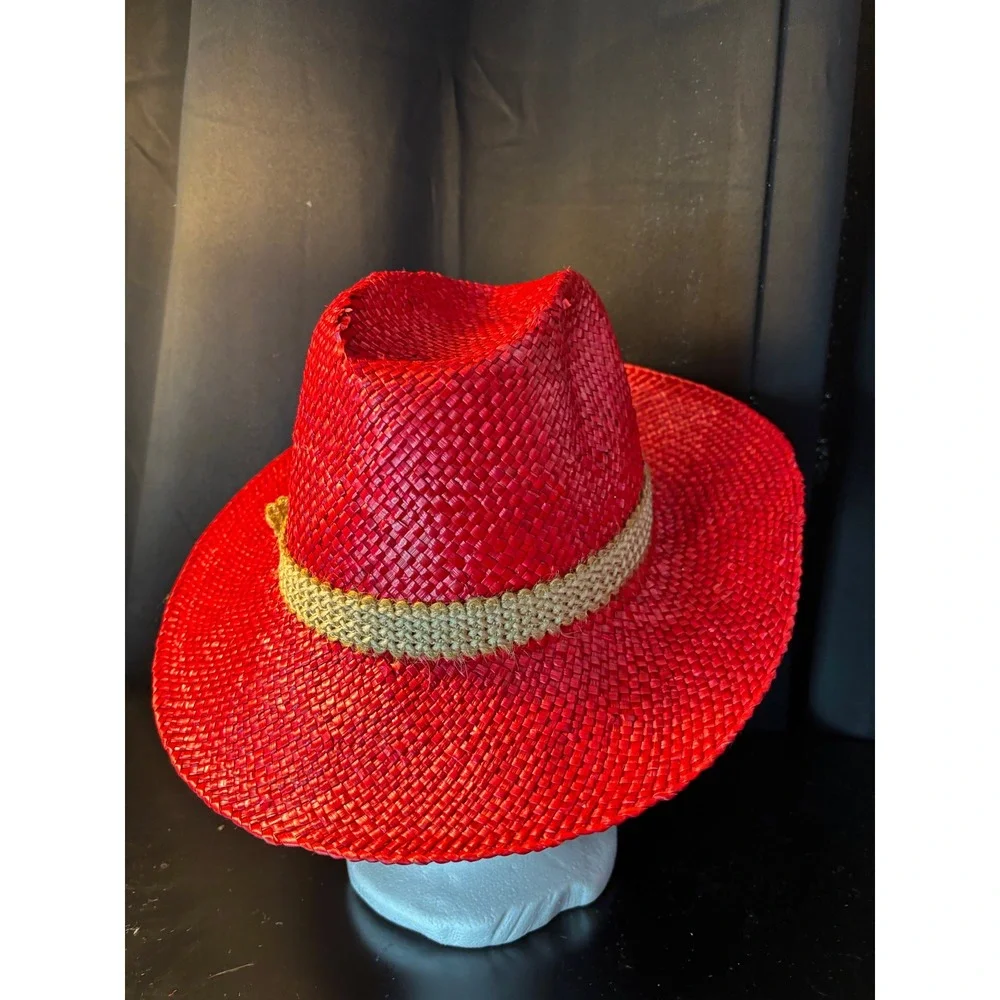 Red Straw Cowboy Hat‎ with Woven Band and Feather Accent Western Style Fedora